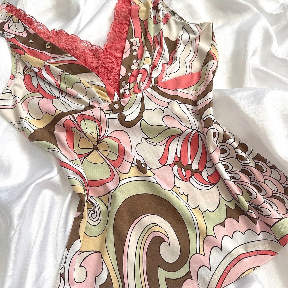 Papaya Retro Psychedelic Floral Lace Trim V-Neck Empire Waist Top Pink Medium